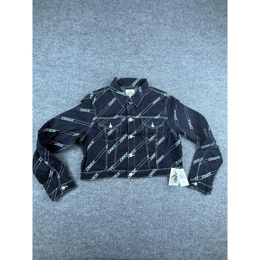 Jordache‎ Jean Jacket Womens XL Blue Logo Print Cropped Denim Dark Wash Allover